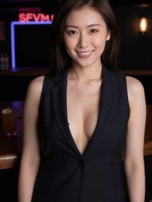 バーでの笑顔で招くドレス姿