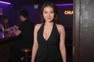 入り口のネオンに照らされた女性