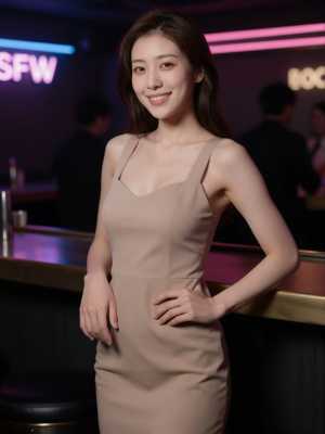 バーでの笑顔で招くドレス姿