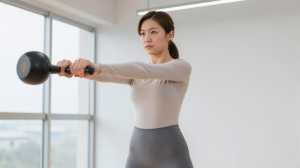 ジムでケトルベルスイングを行う女性