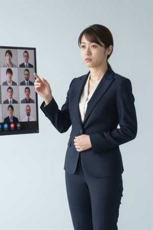 役員室でビデオ会議を主導する女性