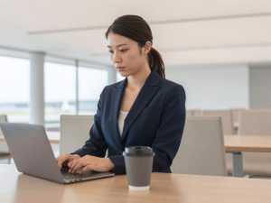 空港ラウンジで仕事をする女性