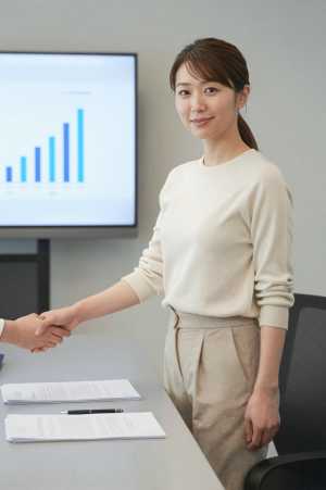 会議室で握手するビジネス女性