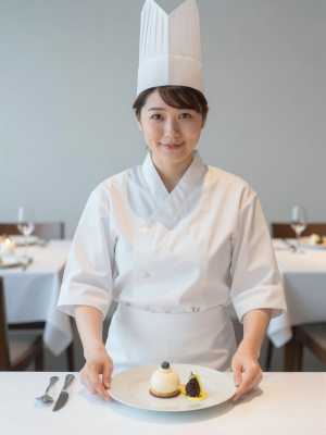 デザートを提供するシェフ