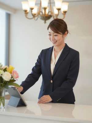 ホテルロビーで花を飾る女性スタッフ