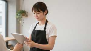 モダンカフェで注文を取る女性スタッフ