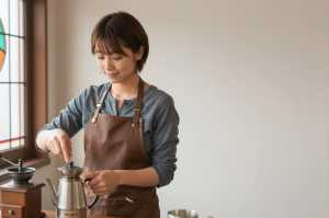 レトロな喫茶店でコーヒー器具を磨く女性