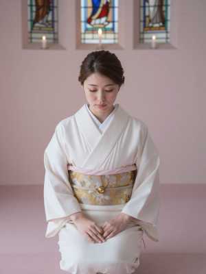 チャペルで跪く和装の花嫁