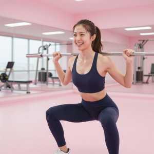 ジムでバーベルスクワットをする女性