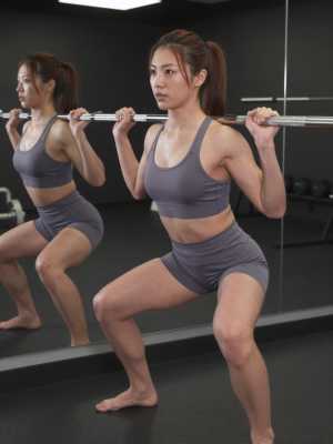 鏡越しのバーベルスクワットをする女性