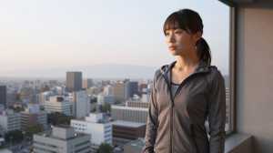 早朝の街並みを望むランニング前の女性