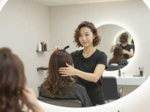 鏡越しにヘアカットする美容師