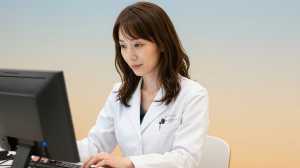 PCで患者情報を確認する女医