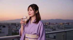 屋上テラスで夕暮れの街を眺める女性