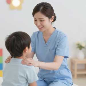 泣いている子供を慰める小児科ナース