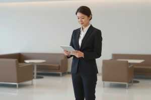 空港で搭乗情報を確認する経営者