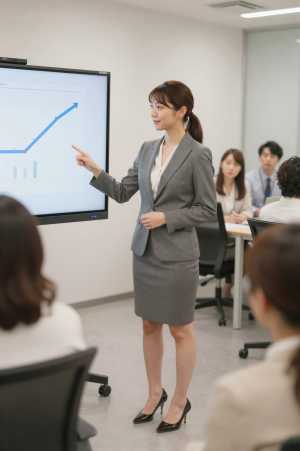 会議で美容製品の戦略を議論する女性