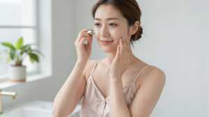 洗面台で美容液を塗る女性