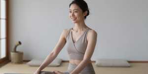 禅ルームでツイストポーズをする女性の顔