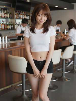 ガールズバーのカウンターで乾杯する嬢