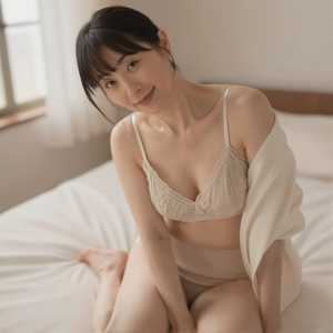 熟女・爆乳ベッドで撮影された女性のポートレート