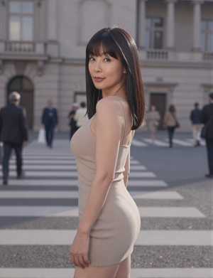 熟女・爆乳グレーのドレスを着た女性のポートレート