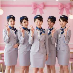 ピンクの部屋でピースを举げる制服女性たちのポートレート