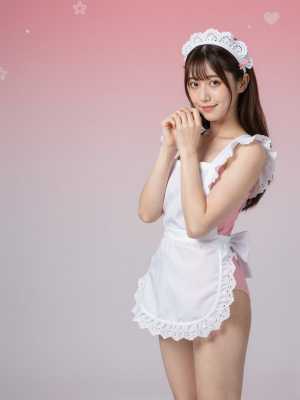 ピンクの背景で微笑むメイド服の美女のポートレート