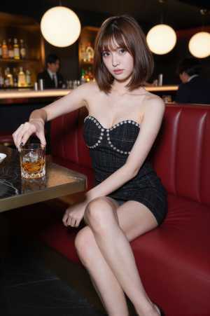 バーの赤いソファに座る美女のポートレート