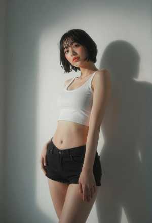 白Tシャツと黒ショートパンツの若き女性の室内ポートレート