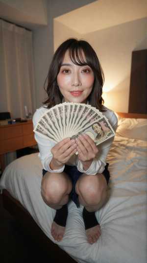 金銭を手に持つ美女の室内ポートレート