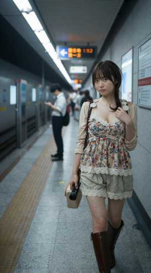 地下鉄駅でポーズをとる若い女性のポートレート