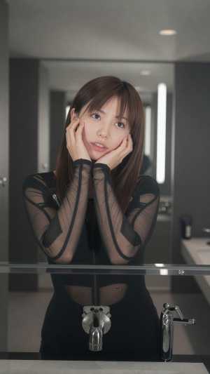 鏡の前でポーズをとる若き女性のポートレート