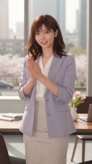 桜の季節、笑顔で手を合わせる女性