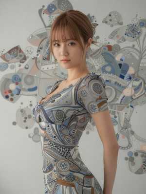 芸術的な背景に立つスタイリッシュな女性のポートレート