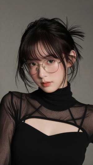 黒い透け感のあるトップスを着た眼鏡の美女のポートレート