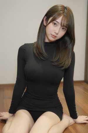 黒い長袖ドレスの若き女性の室内ポートレート