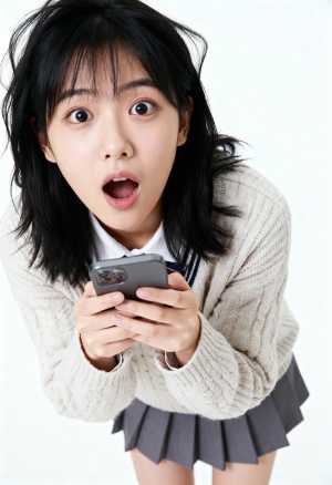 スマートフォンを手に驚きの表情を浮かべた日本の若い女の子を正面カメラのアングルから写...。