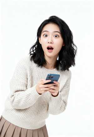 スマートフォンを手に驚きの表情で視聴者を見つめる、驚いた若い女性を正面カメラのアング...。