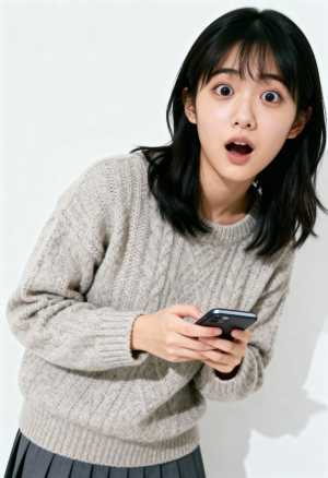 グレーのセーターとプリーツスカートを着た若い女性がスマートフォンを持ち、驚いた表情を...。