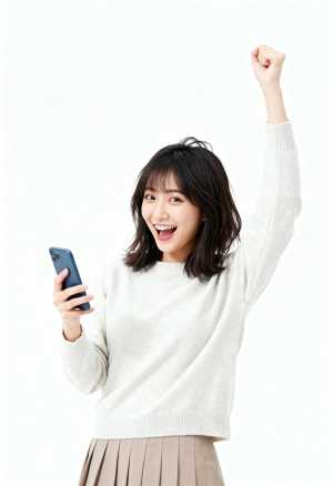 右手に青いスマートフォンを持ち、お祝いの気持ちを込めて拳を突き上げている、陽気な表情...。