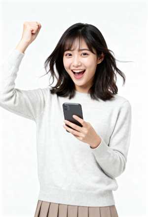 スマートフォンを手に明るい表情で祝う若いアジア人女性を正面カメラのアングルから写実的...。