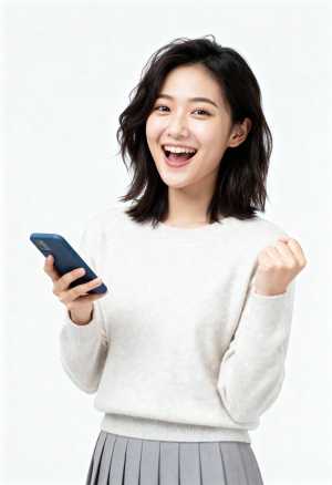 スマートフォンを持った明るい表情の若い女性を正面カメラアングルから写実的に撮影。