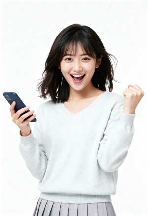 ライトブルーのVネックセーターとグレーのプリーツスカートを着た、右手に携帯電話を持ち...。