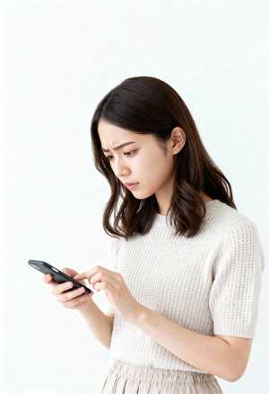 中間色の背景でスマートフォンを使用する若い女性を横顔カメラのアングルから写実的に撮影...。