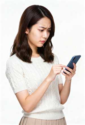 画像の中央に立ち、右手に青いスマートフォンを持ち、心配そうな表情でそれを見下ろしてい...。