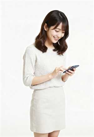 画像の中央に立つ、白いニットセーターと白いペンシルスカートを着た若いアジア人女性。