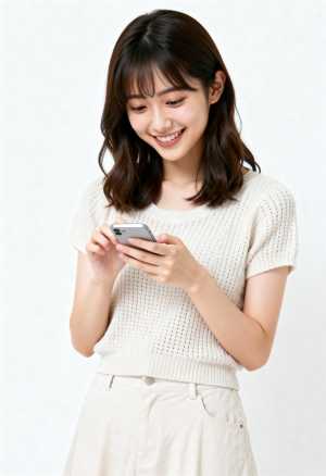 満面の笑みを浮かべながらスマートフォンを使用している若いアジア人女性を正面カメラのア...。