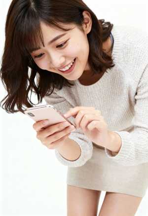 若い女性がスマートフォンを使い、満面の笑みを浮かべながら画面を見つめる様子をクローズ...。