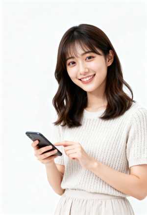 スマートフォンを持ち、カメラに向かって微笑むアジア系の若い女性を、正面カメラのアング...。